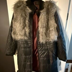 BCBGMaxAzria Black Quilted Coat with Faux Fur